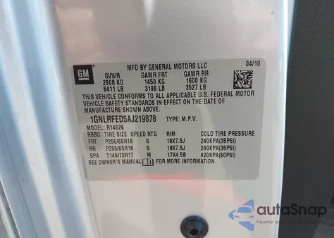 2010 Chevrolet Traverse Lt z USA, uszkodzony, nr VIN 1GNLRFED5AJ219878